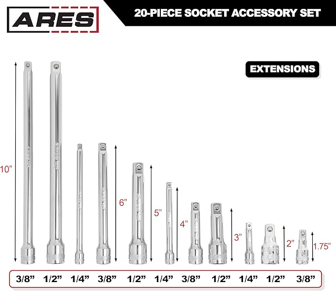 ARES 40003-20-Piece Socket Accessory Set - Premium Chrome Vanadium Steel with Mirror Finish - Includes Socket Adapters, Extensions and Universal Joints