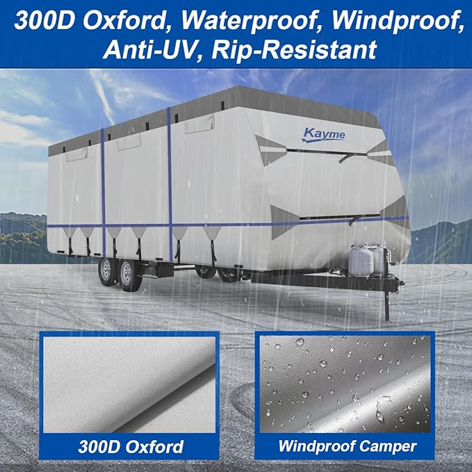 Kayme RV Cover for 31-34ft Travel Trailers, 300D Oxford Heavy Duty Waterproof Camper Cover with Zipper Door.Windproof, UV Protection, Snowproof.Includes 4 Tire Covers, Jack Cover & Wind Straps
