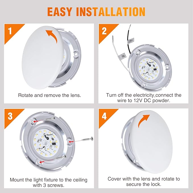 Facon 4.5" LED RV Puck Light Surface Mount - 2Pack, SY-SM45 12V RV Dome Light(No Switch), 290LM Cool White (4000K), Ideal for RVs, Motorhomes, Campers, Marine Vehicles