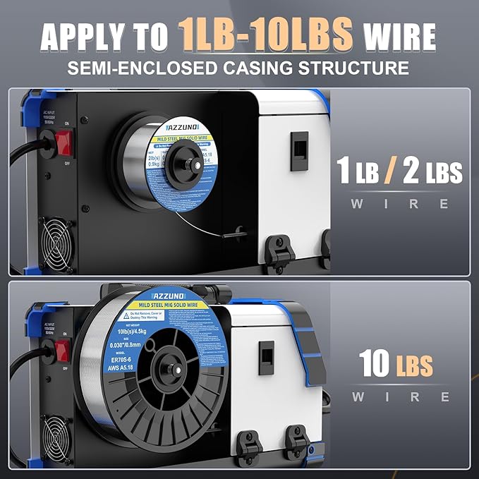 AZZUNO Aluminum MIG Welder 175Amp, 110V/220V Dual Vlotage 5 in 1 Gas MAG/Aluminum MIG/Gasless Flux Core Welder/Stick/Lift TIG Welding Machine, Wire Feed Welder Machine with Semi-enclosed Structure