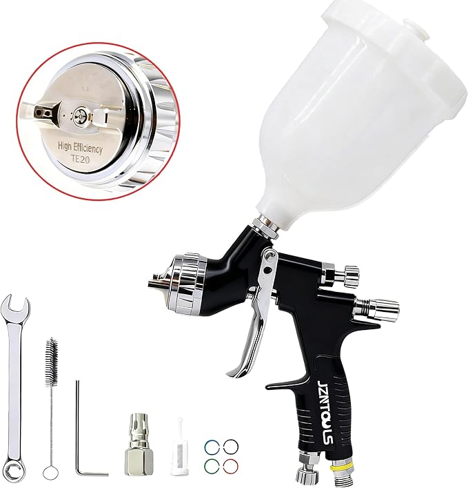 TE20 HVLP Air Spray Gun 1.3mm Nozzles, Car Paint Gun Sprayer,Forged Body, Anodised Finish，Paint Gun for Varnish and Top Coat, with Paint Sprayer Accessories (Black（Plum Blossom Nozzle）)