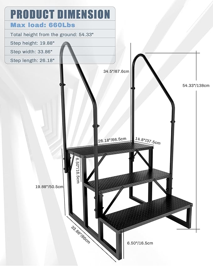RV Steps with 2 Handrails｜3 Step RV Stairs with Handrail｜Update 3.0 Outdoor RV Ladders with Anti-Slip Pedals｜Mobile Home Stairs for Travel Trailers｜Heavy Duty Hot Tub Steps for Porch, Spa