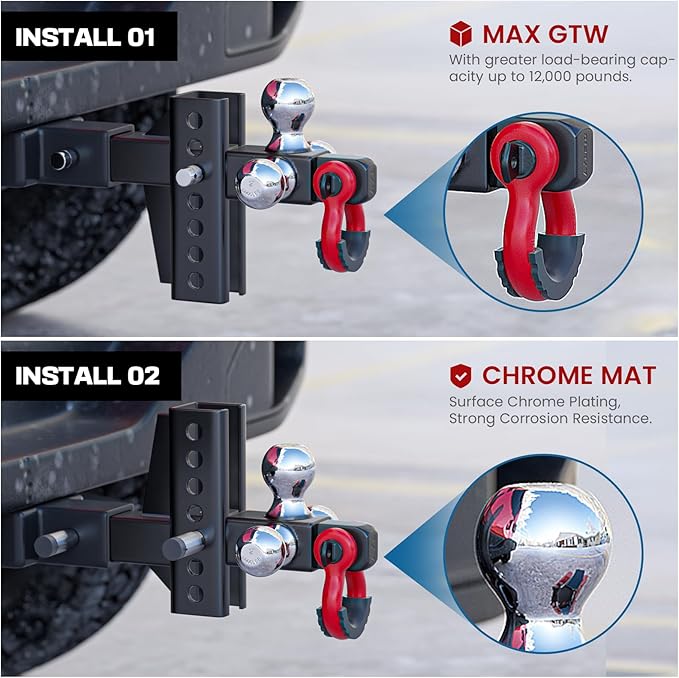 Ayleid Trailer Hitch Tri-Ball Mount with Anti-Theft Locking Hitch Pin&Hook&Rotatable Tow Shackle,Fits 2-in Receiver with 1-7/8-in,2-in,2-5/16-in Hitch Ball Adjustable with Shackle