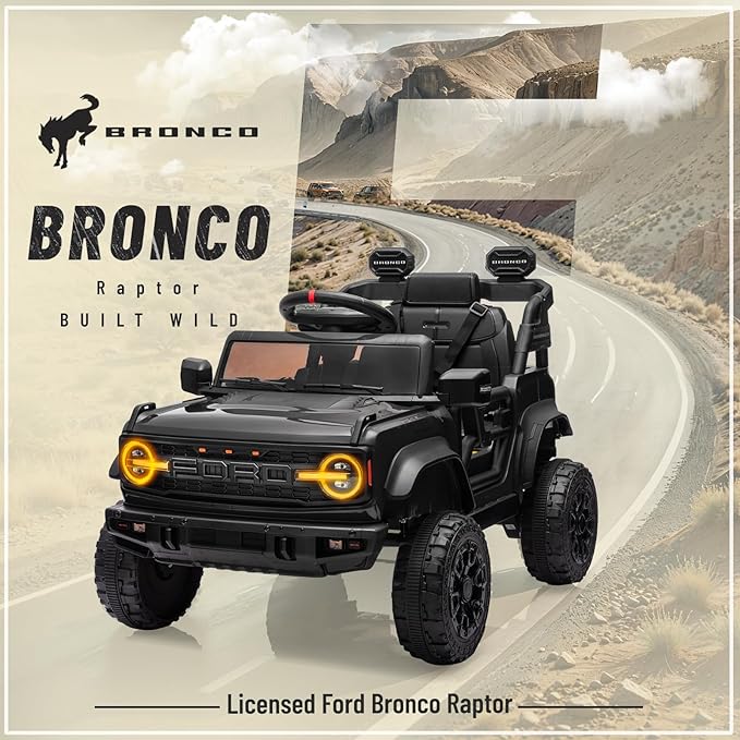12V Ride on Toy for Kids, Ford Bronco Raptor Kids Electric Car with Parent Remote Control, Battery Powered Truck Car with 4-Wheel Suspension, LED Light, Bluetooth, 3 Speeds (12V, Black)
