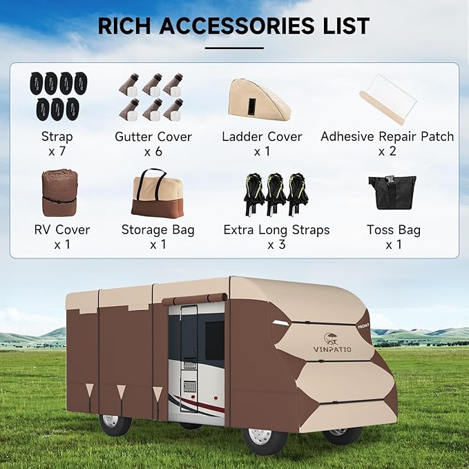 VINPATIO Class C RV Cover Fits 29'-32' RV, 600 Oxford Fabric Two Color Design, Heavy Duty Windproof Waterproof Anti-UV Class C Motorhome Cover with 2 Extra Long Straps, Gutter Covers