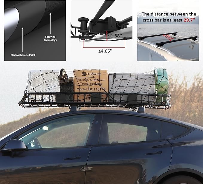 FORWODE 250LBS. 84" x 50" x 6" Roof Rack Carrier Basket with Cargo Net, Waterproof Bag, Strap, Universal Rooftop Cargo Luggage Rack Basket for Car, SUV, Truck