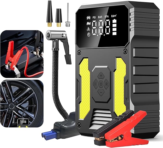 3000A Jump Starter with Air Compressor, 12V Battery Booster, 150PSI Tire Inflator Auto-Stop, QC3.0 Fast Charging Power Bank, Type-C Input/Output, LED SOS Light for Emergency Use