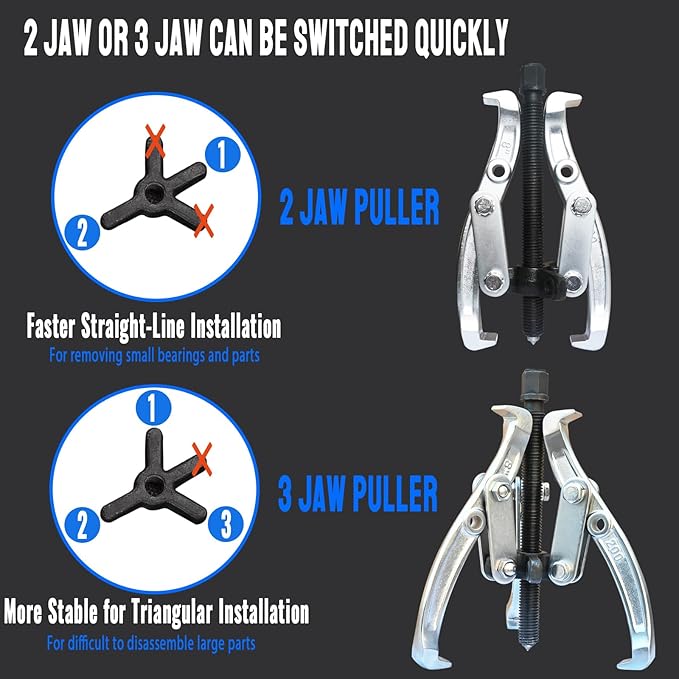 8 in 1 Gear Puller Set, 3" 4" 6" 8" Bearing Pulley Puller Kit, Cr-V Steel 2 Jaw & 3 Jaw Gear Puller with Reversible Jaws, 72Pcs Puller Tool Set, for Bearing Gear Pulley Flywheel Removal