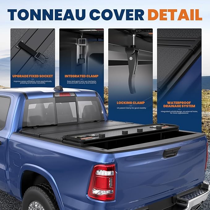 Fiberglass Quad Hard Truck Tonneau Cover Bed Cover Compatible with 2009-2025 Dodge Ram 1500 Classic & New Body -5.8 FT Bed w/o Ram Box 67.4 inch