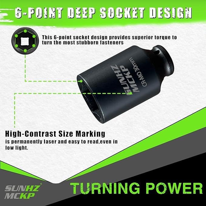 SUNHZMCKP 1/2" Drive Impact Socket, Metric 30 mm Deep 6 Point Socket, CR-MO, Axle Nut Impact Grade Socket for Easy Removal