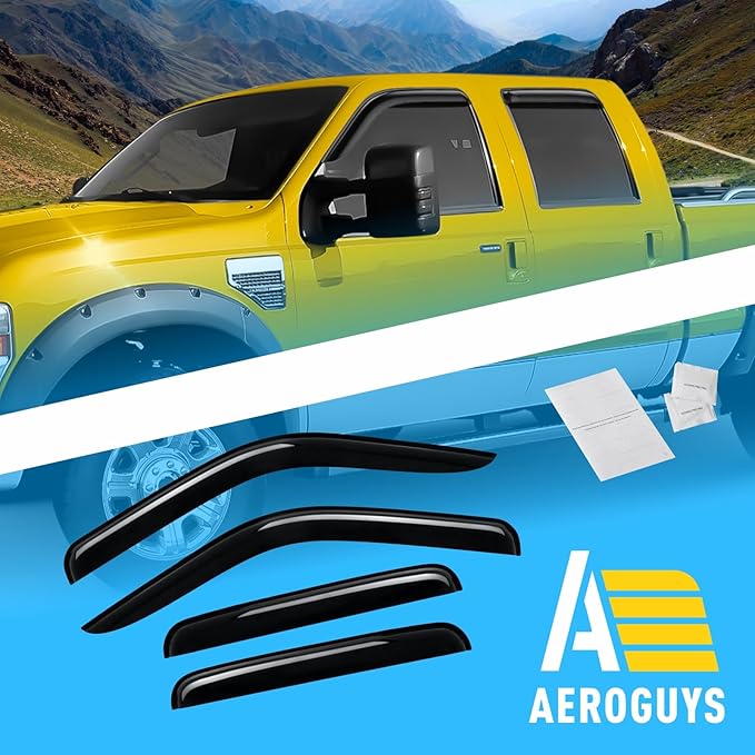 Extra Durable Window Deflectors Tape-On Visors Rain Guards Fit for Ford F250-550 Super Duty 1999-2016 SuperCrew, Sun Visors, Wind Vent for Shades, Exterior Car Accessories - 4pcs. AG0874