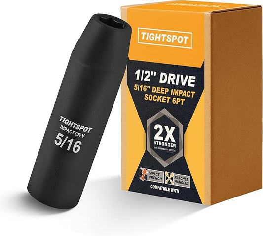 TIGHTSPOT 1/2 Inch Drive 5/16 Inch Deep Impact Socket with Anti-Rounding 6 Point Design, Heat-Treated CRV Steel