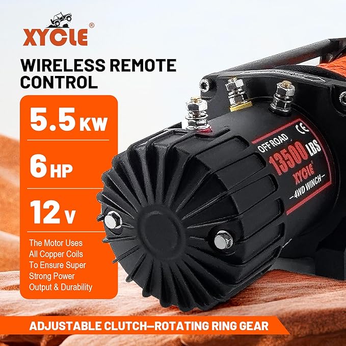 Winch13500lbs 12V WaterproofElectric Winch Synthetic Rope Electric Winch Towing Winch Boat Trailer Winch SUV 4-Wheel Drive Off-Road Vehicle with Remote Control 3/8 Synthetic Rope (Dark-Orange)