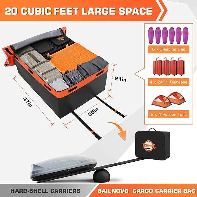 Sailnovo Rooftop Cargo Carrier 20 Cubic, Waterproof Car Roof Bag Soft-Shell Carriers Top Luggage Storage with Slip Mat, 6 Door Hooks & Heavy-Duty PVC for All Vehicle Roof with/Without Rack Cross Bar
