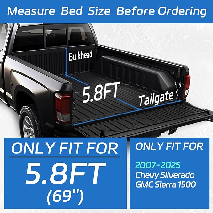 PZ Soft Vinyl Roll Up Truck Bed Tonneau Cover Compatible with 2007-2025 Chevy Silverado Chevrolet GMC Sierra 1500 5.8ft(69.3in) Short Bed
