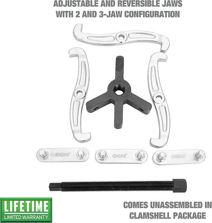 OEMTOOLS 25903 3 Jaw Puller and 2 Jaw Puller Kit, Removes Gears and Bearings for Auto Repair and Maintenance, 4 Inch Spread, Reversible Jaws, 5 Ton Capacity, High-Alloy Steel