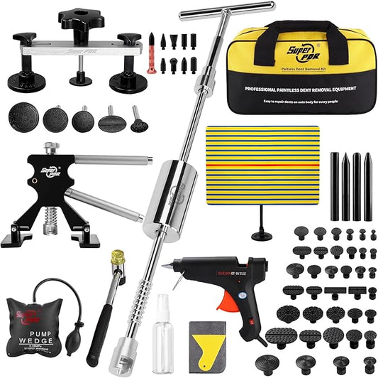 Car Dent Puller Kit, Dent Remover Tool for Car Dent Repair with High Adhesive Puller Tabs, Hot Glue Gun & Sticks, Slide Hammer T-Bar, Air Wedge, PDR Tools for Paintless Dent Removal at Home Garage
