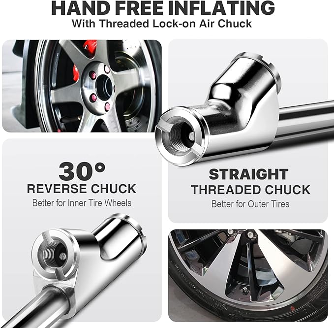 14" Extended Reach Dual Head Air Chuck, 2-Way Connection 1/4" FNPT Straight Lock On Tire Inflate Chuck, Tire Chuck with Standard Quick Plug, Air Compressor Fill Kit for Truck RV Semi Dually Tires