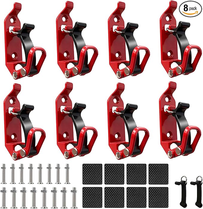 8Pcs Red Car Accessories - Metal Rubber Clamp Wall Mounting Brackets, Quick Release Axe Holder & Shovel Mount for Roof Rack, Truck, Boat, Military Equipment & Tools, Fits 0.67–1.57" Tools