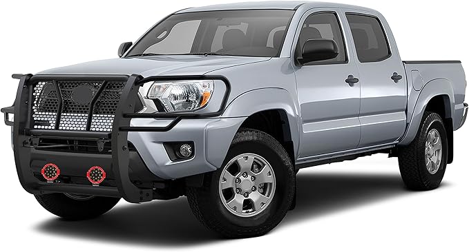 Black Horse Rugged Heavy Duty Grille Brush Bumper Guard Modular Black Come with Pair of 7.0" Dia.LED Lights with Red Trim Rings Compatible with 2005-2015 Toyota Tacoma-RU-TOTA05-B-PLR