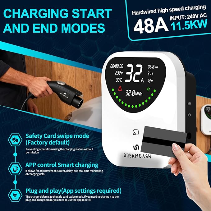 Fast Level 2 EV Charger 48 Amp(WiFi APP),25ft Cable ETL Certified,240V NEMA 14-50p Plug,Swipe to Start,Wall EV Charger Level 2 for Home/ J1772 Connector,Electric Vehicle Charging Stations