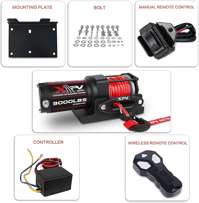3000 lb 12V DC Electric Winch, Off Road Waterproof Winch for UTV ATV Boat with Both Wireless Handheld Remote and Corded Control Recovery Winch Synthetic Rope