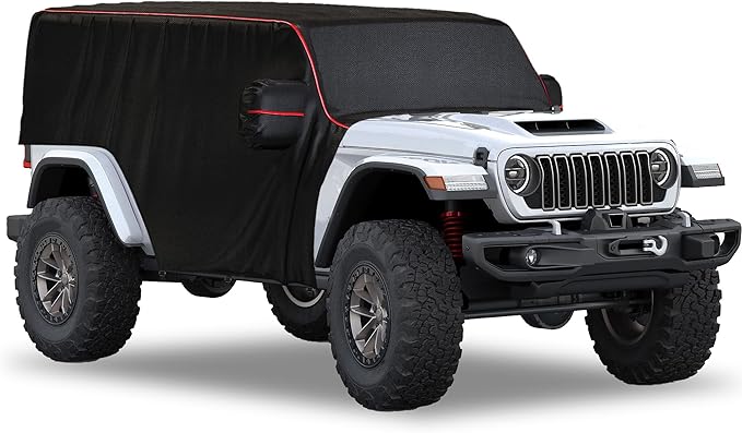 MZS Cab Cover Compatible with Wrangler Unlimited JK JL JKU JLU 4 Door 2007-2026, 600D Waterproof Wrangler Cover with Driver Door Zipper 8 Gust Hook Car Half Cover Windproof Sun Snow Rain Protection