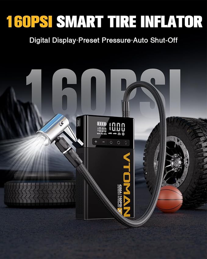 VTOMAN X7 Jump Starter with Air Compressor, 4250A&160PSI Battery Car Jumper Starter Portable Booster Pack (10L Gas/10L Diesel) with Tire Inflator, 12V Lithium Jump Box for Pickup Trucks & Suvs, QC 3.0