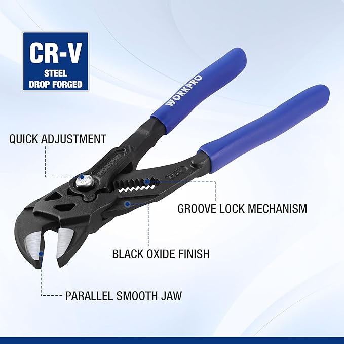 WORKPRO 7-Inch Pliers Wrench, CR-V Construction Wrench Pliers, Adjustable Parallel Smooth Jaw Pliers, Black Finish, Groove Lock Mechanism