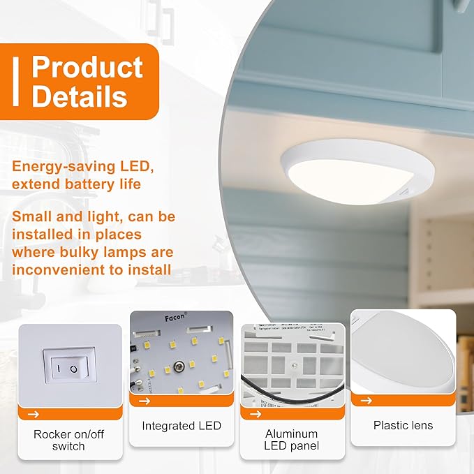 Facon 2-Pack 12V DC RV Ceiling Dome Light with On/Off Switch - 4000K Cool White, Small Oval Pancake RV Puck Light for RVs, Motorhomes, Campers & Boats, ETL Listed