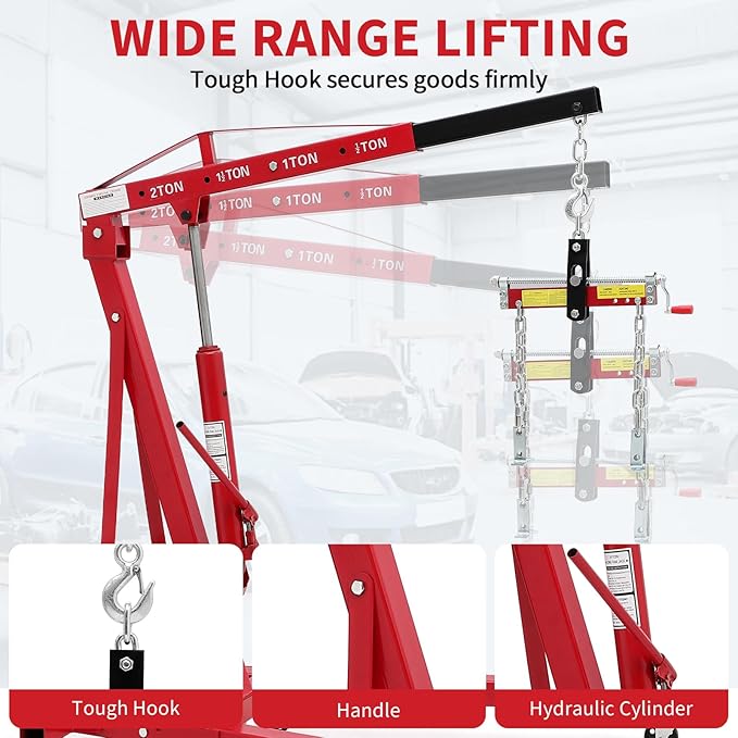 2 Ton Folding Hydraulic Engine Hoist with Load Leveler 4400 LBS Capacity Heavy Duty Cherry Picker 6 Swivel Wheels&Hydraulic Pump Adjustable Boom (0.5T-2T) for Garage Workshop Warehouse Red
