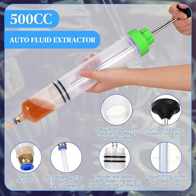 Gisafai 500cc Fluid Extractor Automotive Pump Manual Oil Extractor Pump Syringe for Gasoline Hand Cleaner for Power Steering, Hydraulic Fluid(Green)