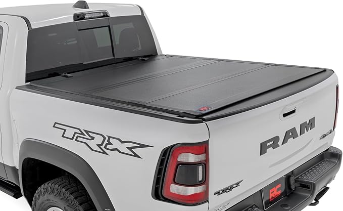 Rough Country Hard Tri-Fold Flip Up Truck Bed Tonneau Cover for Dodge Ram 1500 (2019-2025) TRX (2021-2025) - Flush Aluminum Bed Cover, Fits 5'7" (66.7") Bed