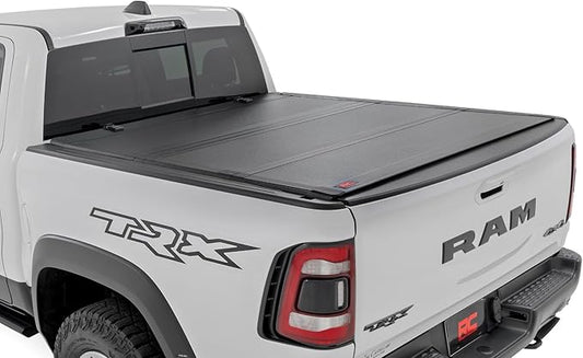 Rough Country Hard Tri-Fold Flip Up Truck Bed Tonneau Cover for Dodge Ram 1500 (2019-2025) TRX (2021-2025) - Flush Aluminum Bed Cover, Fits 5'7" (66.7") Bed
