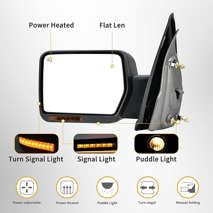 DWVO Towing Mirror Compatible with 2004-2014 Ford F150 Manual Folding Power Control Heated Rear LED Turn Signal Puddle Light Side Mirror Black