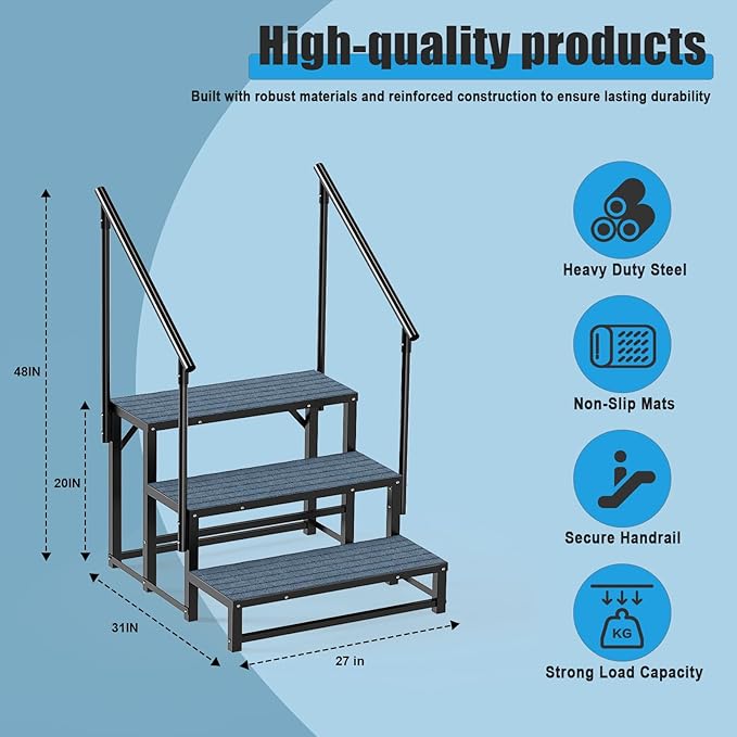 RV Steps with 2 Handrail, 3-Step Heavy Duty Hot Tub Steps, Non-Slip Outdoor Spa Steps for RV, Camper, Trailer, Mobile Home, Porch, Portable Ladder Stairs with Anti-Slip Mats (3 Steps with 2 Handrail)