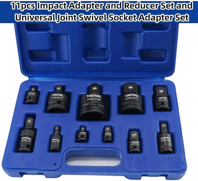11pcs Impact Adapter and Reducer Set and Universal Joint Swivel Socket Adapter Set, 1/4" 3/8" 1/2" 3/4" 1" Drive Socket Adapter Set, Cr-Mo Steel,With a Storage Case.