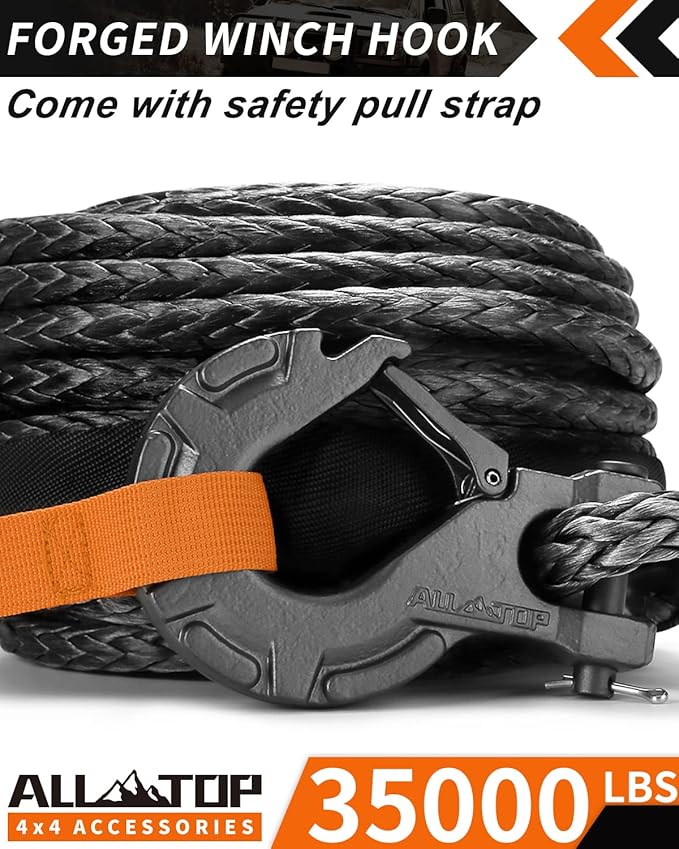 ALL-TOP Synthetic Winch Rope w/Hook & Isolator, 9/16in x 76ft, 35000Lbs UHMWPE Cable Replace Kit, Forged Hook & Rubber Stopper & Safety Pull Strap