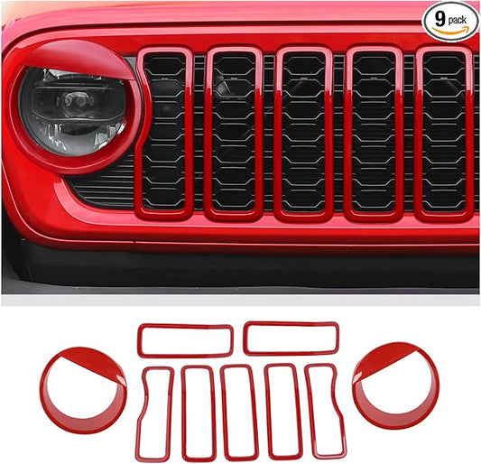 Front Grill Inserts Front Headlight Cover Kit fit for Jeep Wrangler JL JLU Gladiator JT 2024+ Exterior Accessories,Red