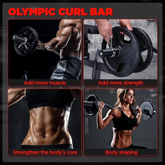 TEEMOO Olympic EZ Curl Barbell Bar, 47" Curl Bar with 2 Spring Collars,Curling bar for Weight Lifting, Squat, Hip Thrusts, Biceps, 500lb Weight Capacity, E-Coat Finish for 2 inch Weight Plates (Black)