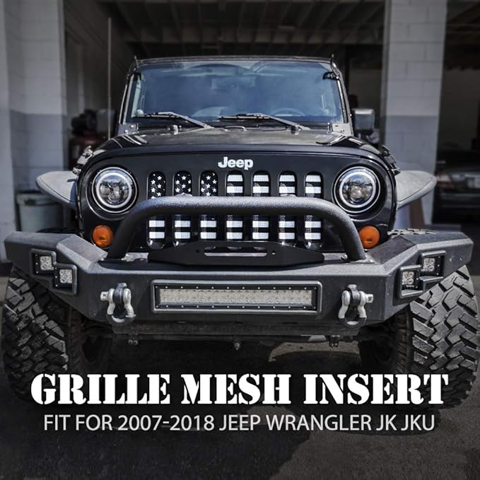 Xprite Aluminum Alloy Grill Insert Mesh with Black & White America U.S Flag Compatible with 2007-2018 Jeep Wrangler JK Stock Grille