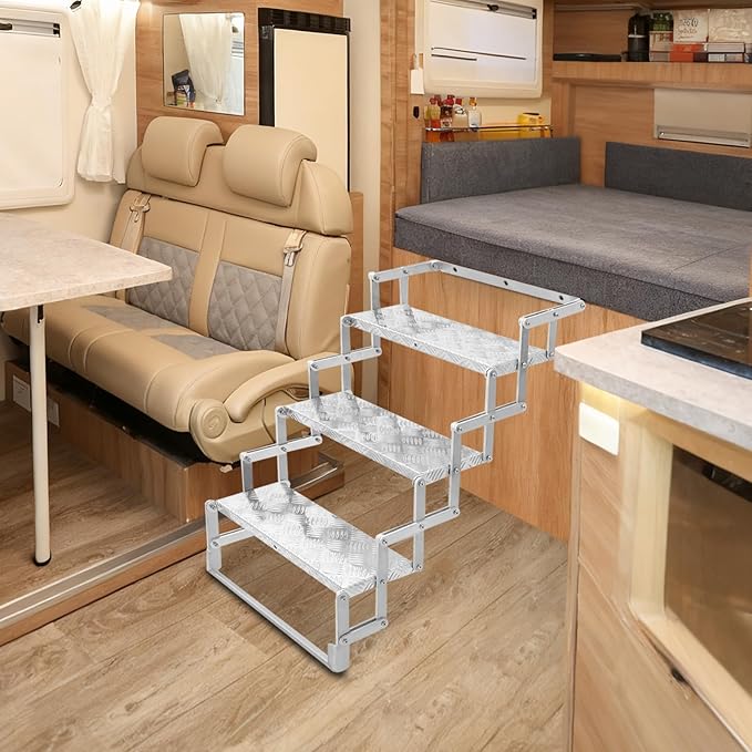 RV Steps, Foldable RV Stairs, Aluminum Alloy 17" Wide Camper Steps, Scissor Stairs Ladder for Mobile Home, RVs, Camper, Shop, Trailers, Truck, Warehouse (3 Steps)