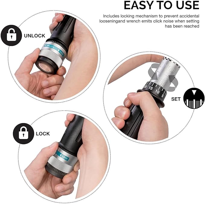 Neiko PRO 03709B 1/2-Inch-Drive Torque Wrench, 25-Inch Adjustable Click Torque Wrench, Made with Chrome Vanadium CrV Steel, SAE