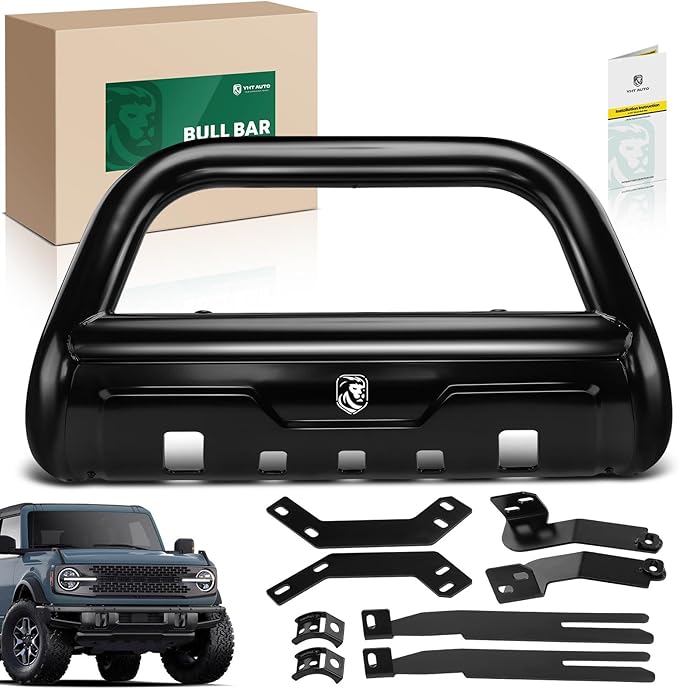 YHTAUTO 3.5" Bull Bar Push Bar with Skid Plate Light Mount Fit Ford Models, Bronco 2021 2022 2023 2024 2025, Alloy Steel Brush Guard for Truck Front Bumper Off Road Accessories