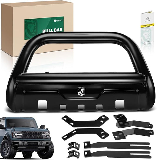YHTAUTO 3.5" Bull Bar Push Bar with Skid Plate Light Mount Fit Ford Models, Bronco 2021 2022 2023 2024 2025, Alloy Steel Brush Guard for Truck Front Bumper Off Road Accessories