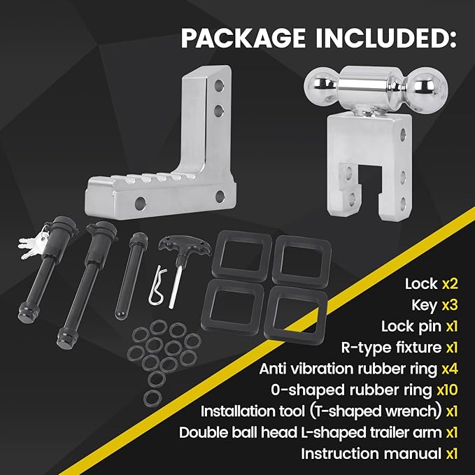 Adjustable Trailer Hitch for 2” Receiver, 12500 LBS GTW Aluminum - 6” Drop/Rise with 2-inch and 2-5/16 inch Dual Ball, Silver w/Anti-Theft Lock & Tow Hitch Tightener