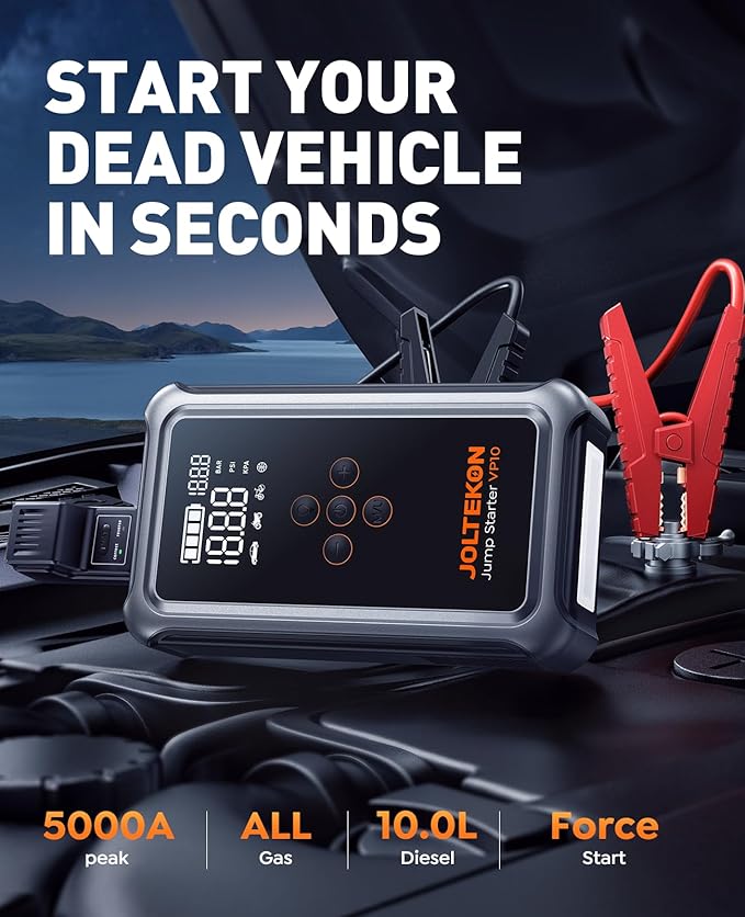 Jump Starter with Air Compressor, 5000A Portable Car Battery Jumper Starter(ALL Gas/10L Diesel) with 150PSI Auto-Shutoff Tire Inflator, 12V Supersafe Lithium Jump Box for Car battery Portable