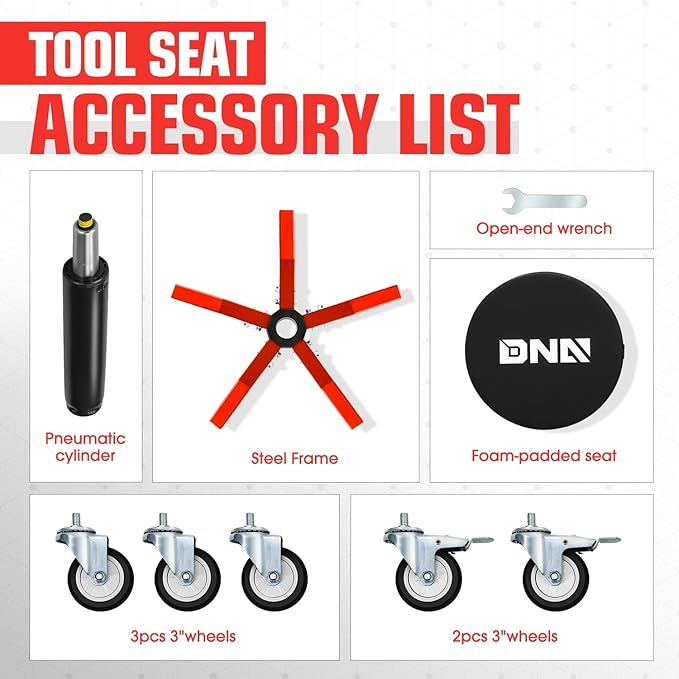 DNA Motoring Rolling Shop Stool, Adjustable Height Padded Rolling Seat, Pneumatic Roller Mechanic Stool for Garages, 300lbs Capacity, TOOLS-00635-BK-RD