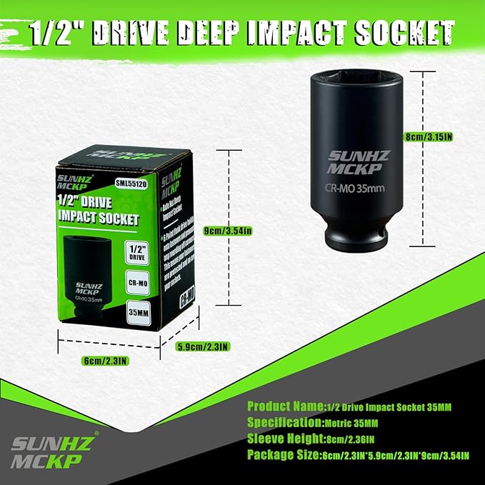 SUNHZMCKP 1/2 Inch Drive Impact Socket, Metric 35 mm Deep 6 Point Socket, CR-MO, Axle Nut Impact Grade Socket for Easy Removal