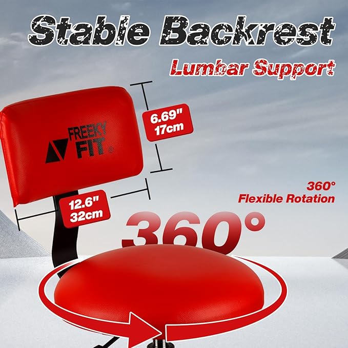 Shop Stool with Backrest, Mechanic Garage Stool for Workshop, Adjustable Shop Stools Chair, Padded Workbench Stools for Men Women, 300 LBS Capacity, 360° Swivel PVC Seat, Heavy Duty, Red